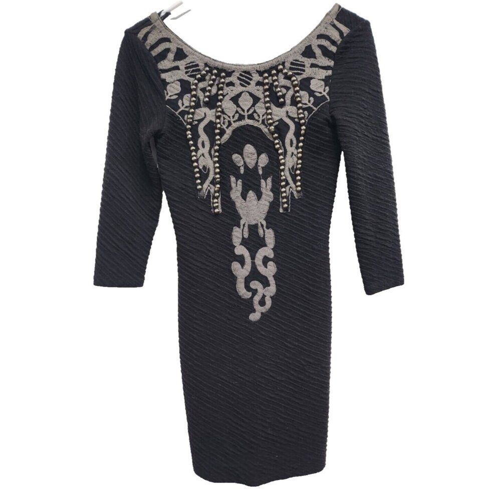 Free People Womens Mini Dress XS Black Embroidered Long Sleeve BOHO Grunge